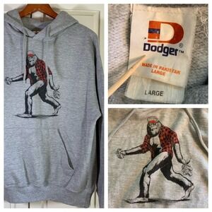 Dodger Bigfoot Hoodie‎ Mens Large Gray Graphic Beer Plaid Flannel Sasquatch READ